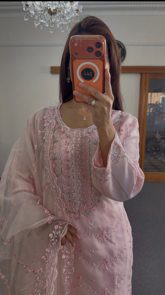 Blush Chikankari Organza Kurti Set