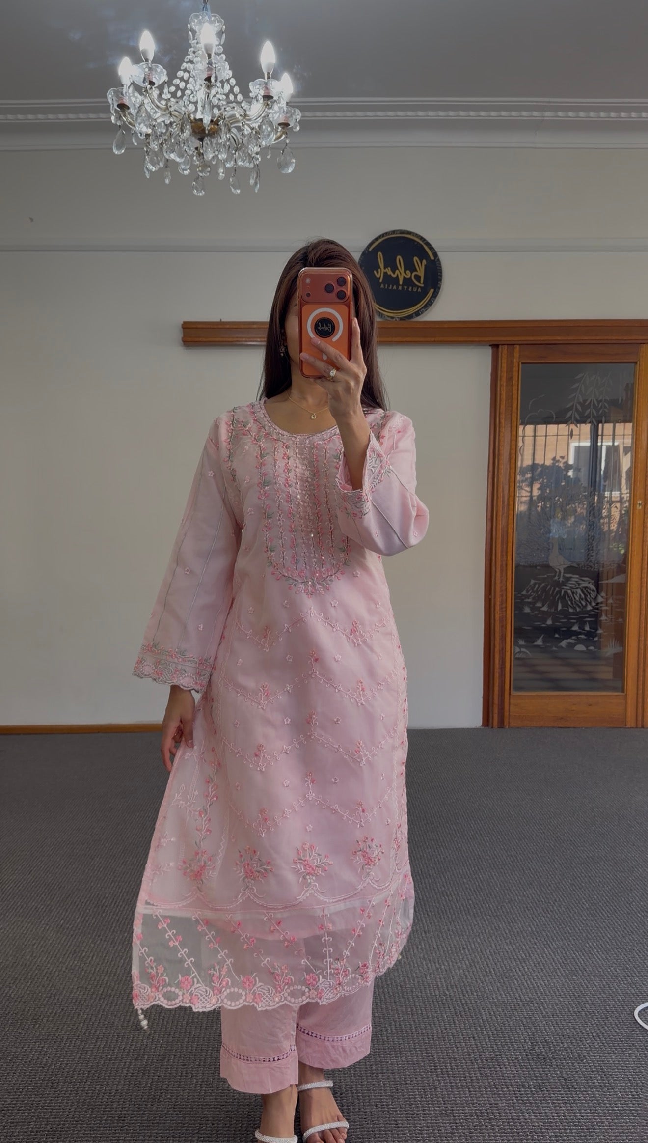 Blush Chikankari Organza Kurti Set