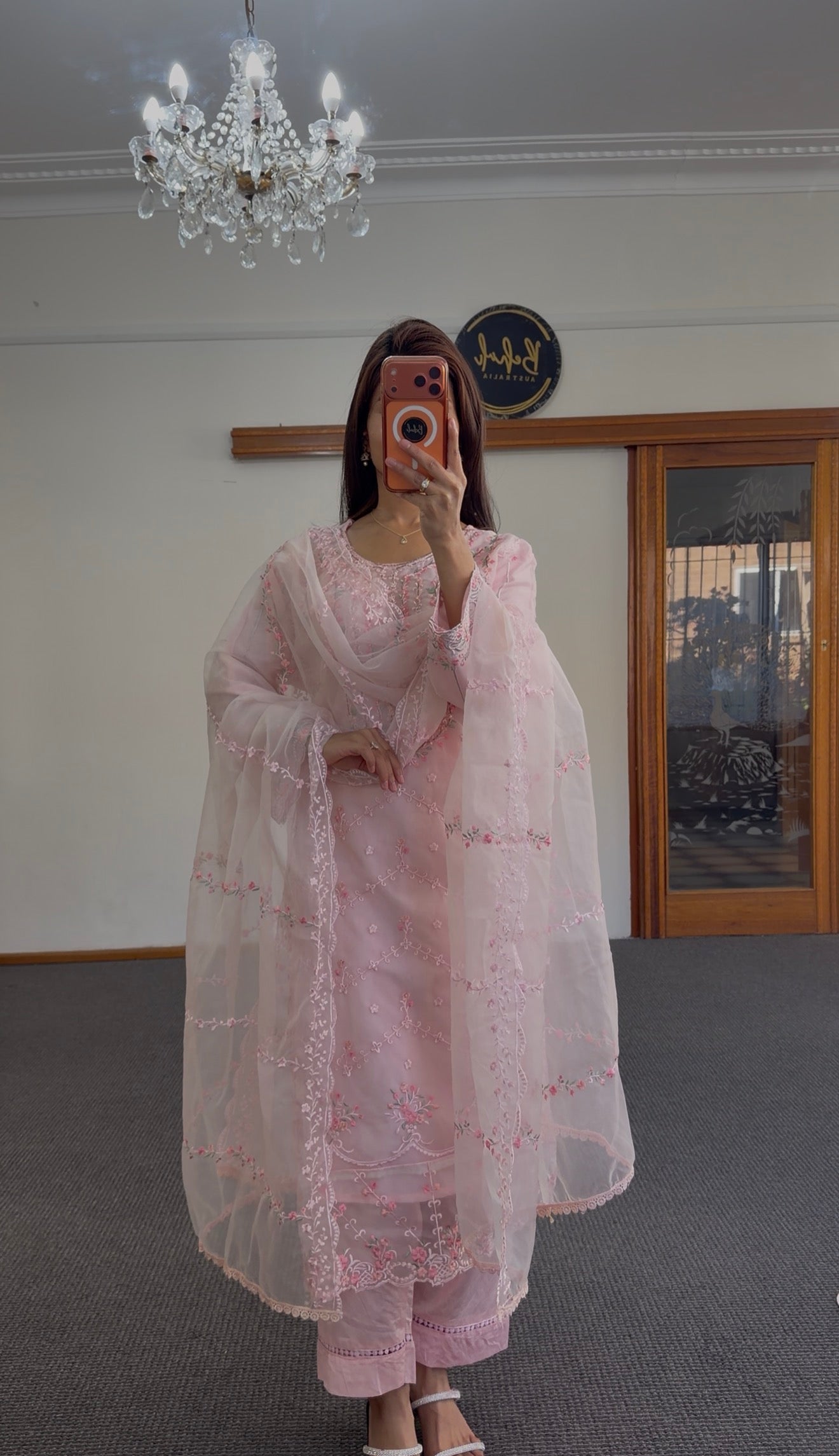 Blush Chikankari Organza Kurti Set