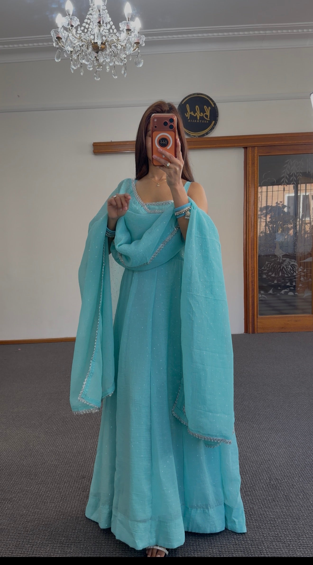 Aqua Blue Raw Silk Anarkali Set with Sequin & Lace Dupatta