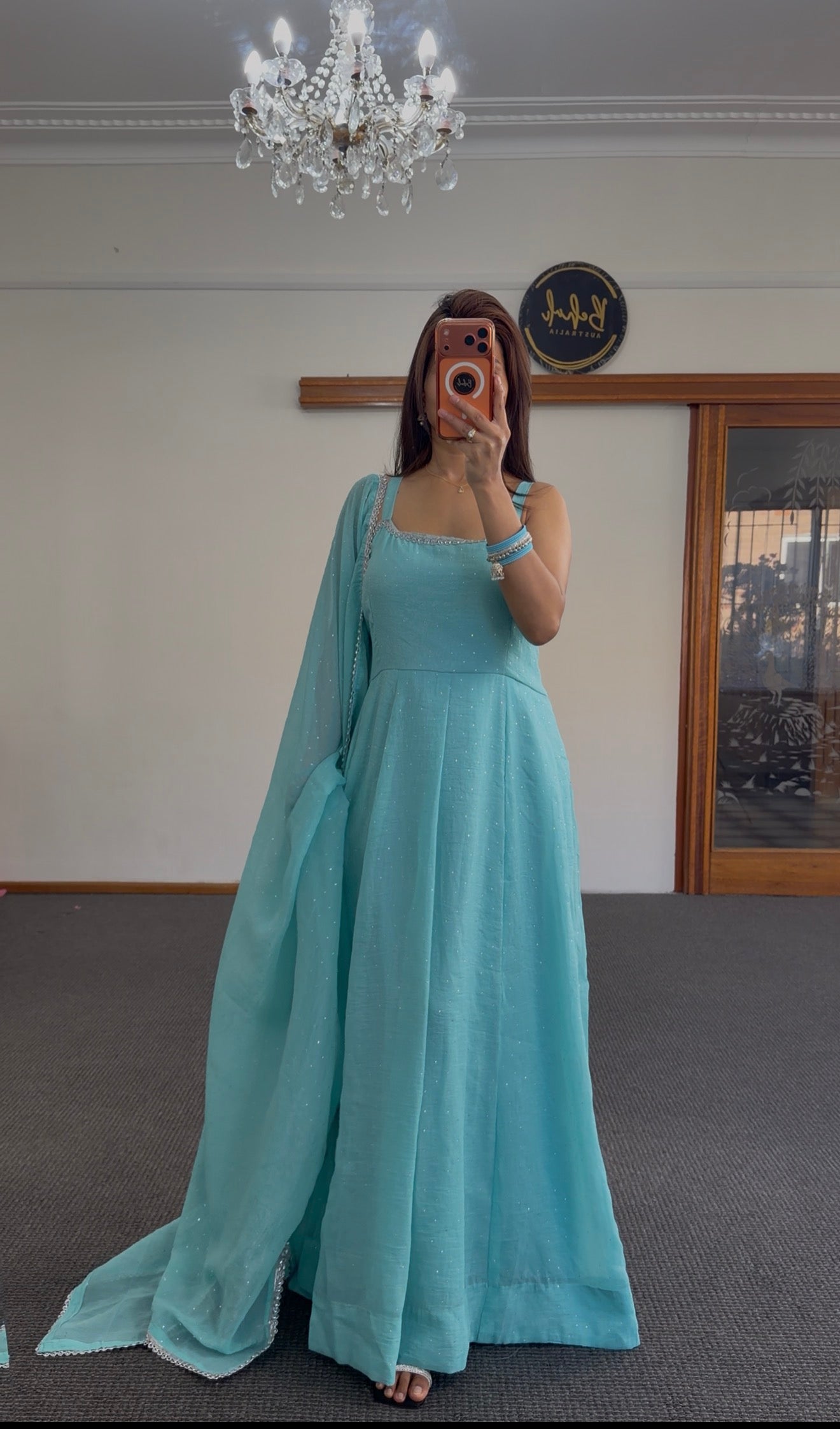 Aqua Blue Raw Silk Anarkali Set with Sequin & Lace Dupatta