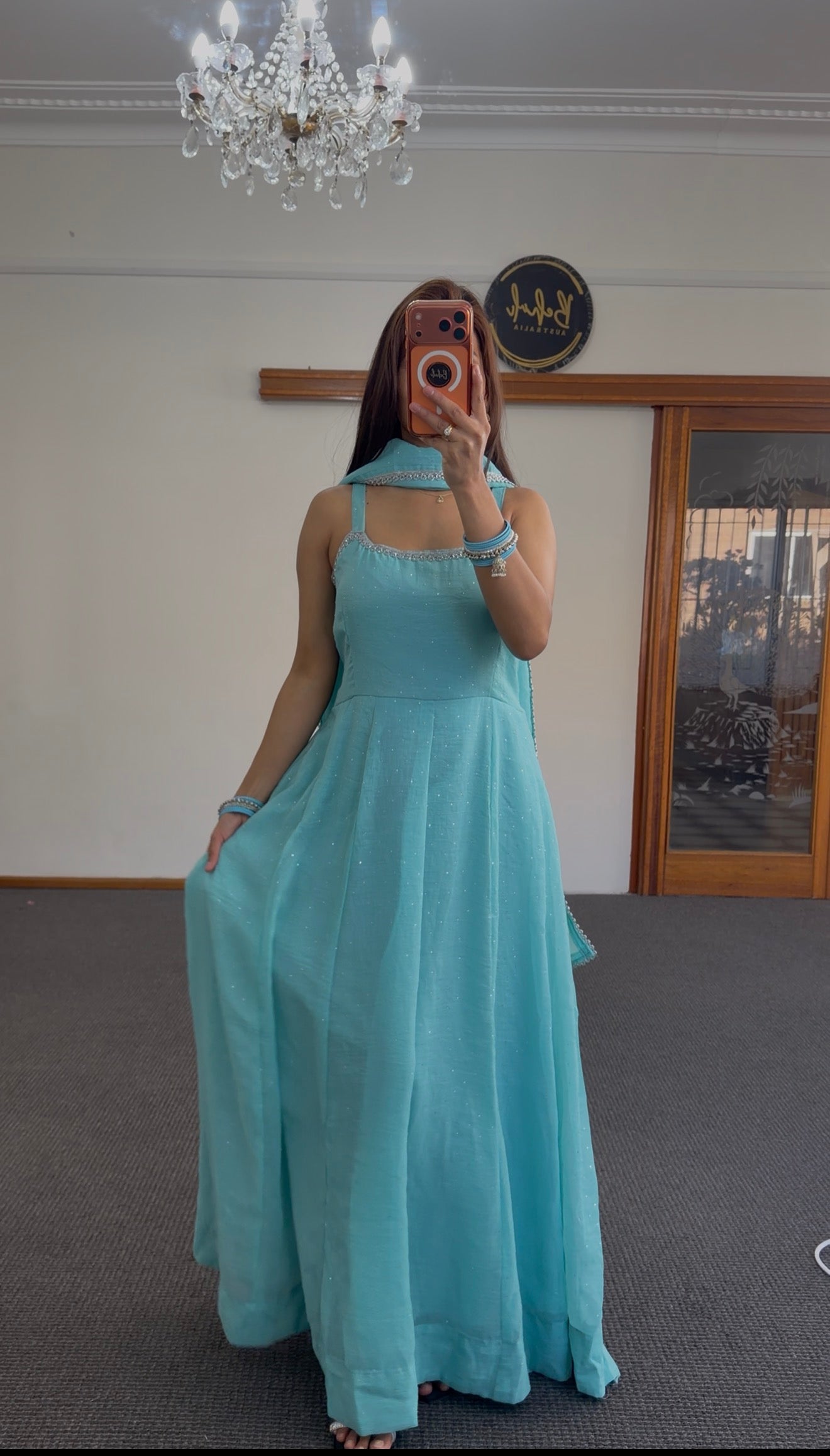 Aqua Blue Raw Silk Anarkali Set with Sequin & Lace Dupatta