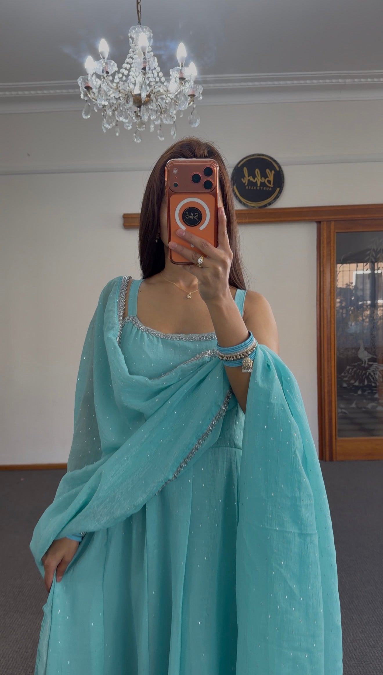 Aqua Blue Raw Silk Anarkali Set with Sequin & Lace Dupatta