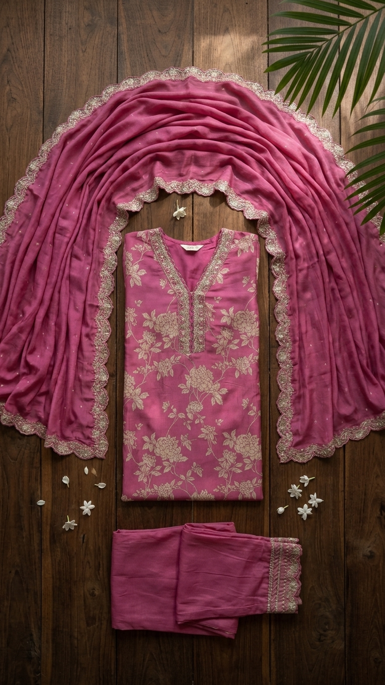 Rose Pink Silk Kurti Set with Zari Floral Embroidery & Dupatta
