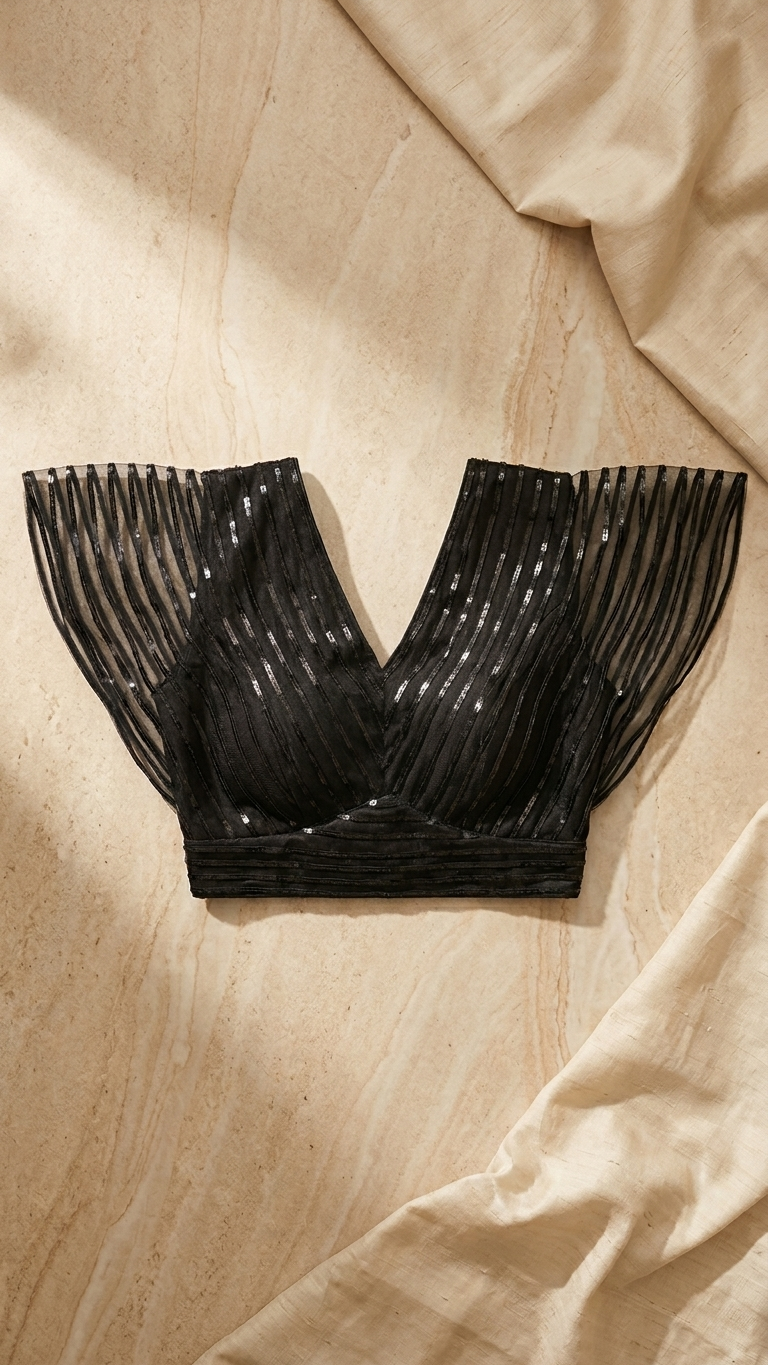Black Sequin Net Crop Blouse with V-Neckline & Stripe Work