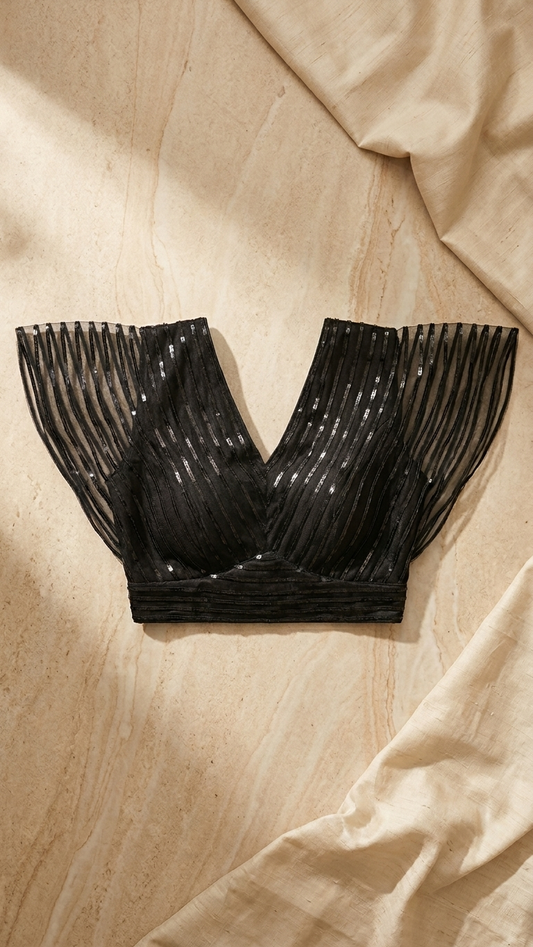 Black Sequin Net Crop Blouse with V-Neckline & Stripe Work