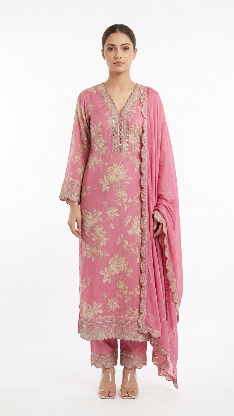 Rose Pink Silk Kurti Set with Zari Floral Embroidery & Dupatta