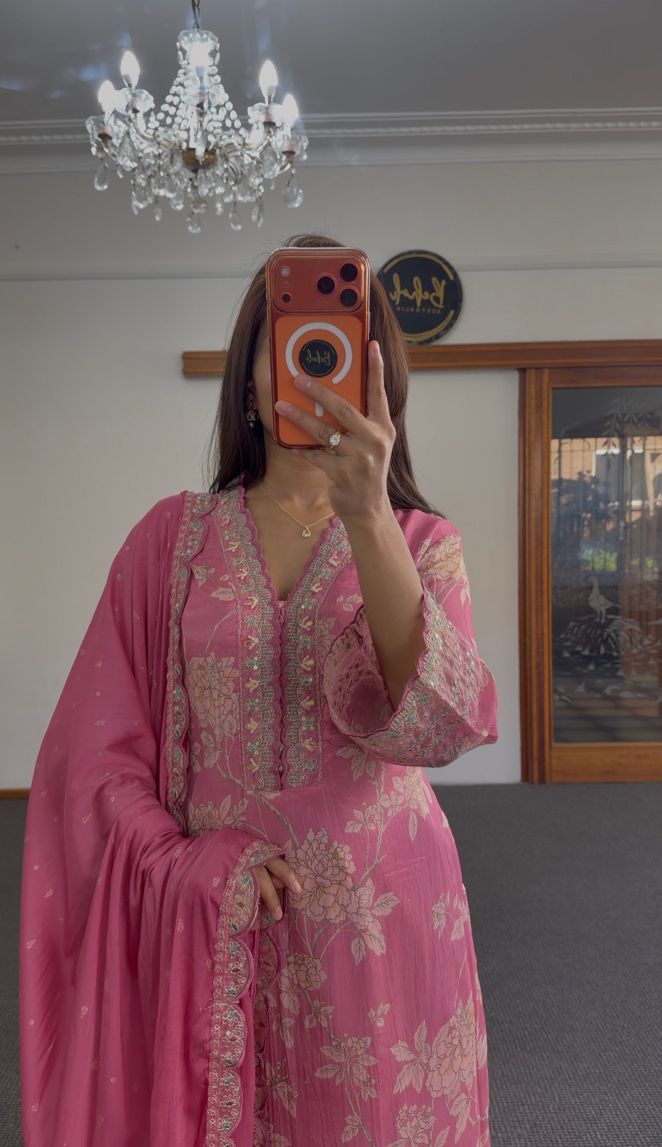 Rose Pink Silk Kurti Set with Zari Floral Embroidery & Dupatta