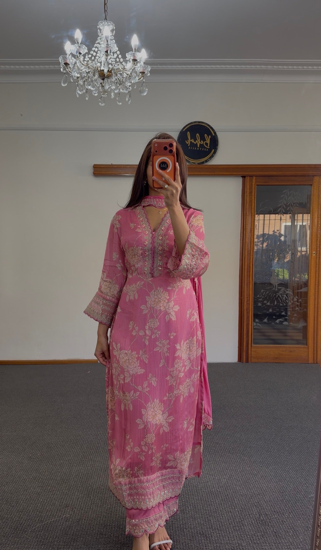 Rose Pink Silk Kurti Set with Zari Floral Embroidery & Dupatta