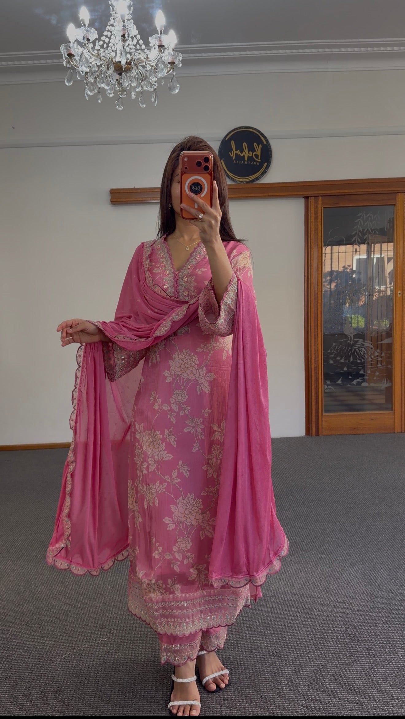 Rose Pink Silk Kurti Set with Zari Floral Embroidery & Dupatta
