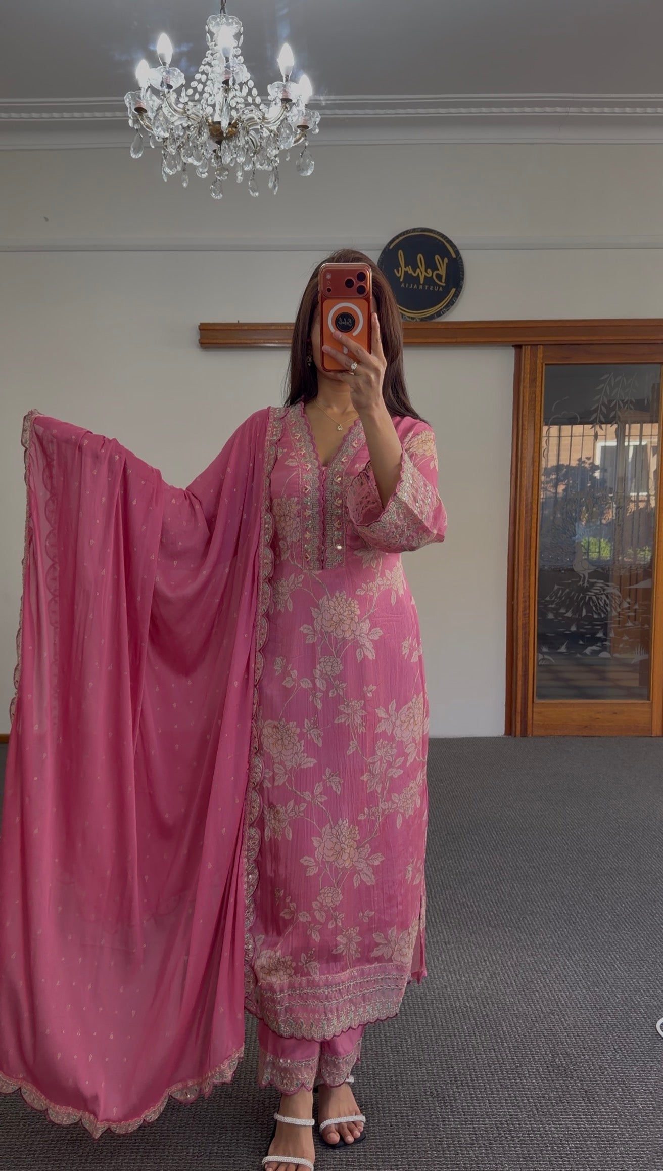 Rose Pink Silk Kurti Set with Zari Floral Embroidery & Dupatta