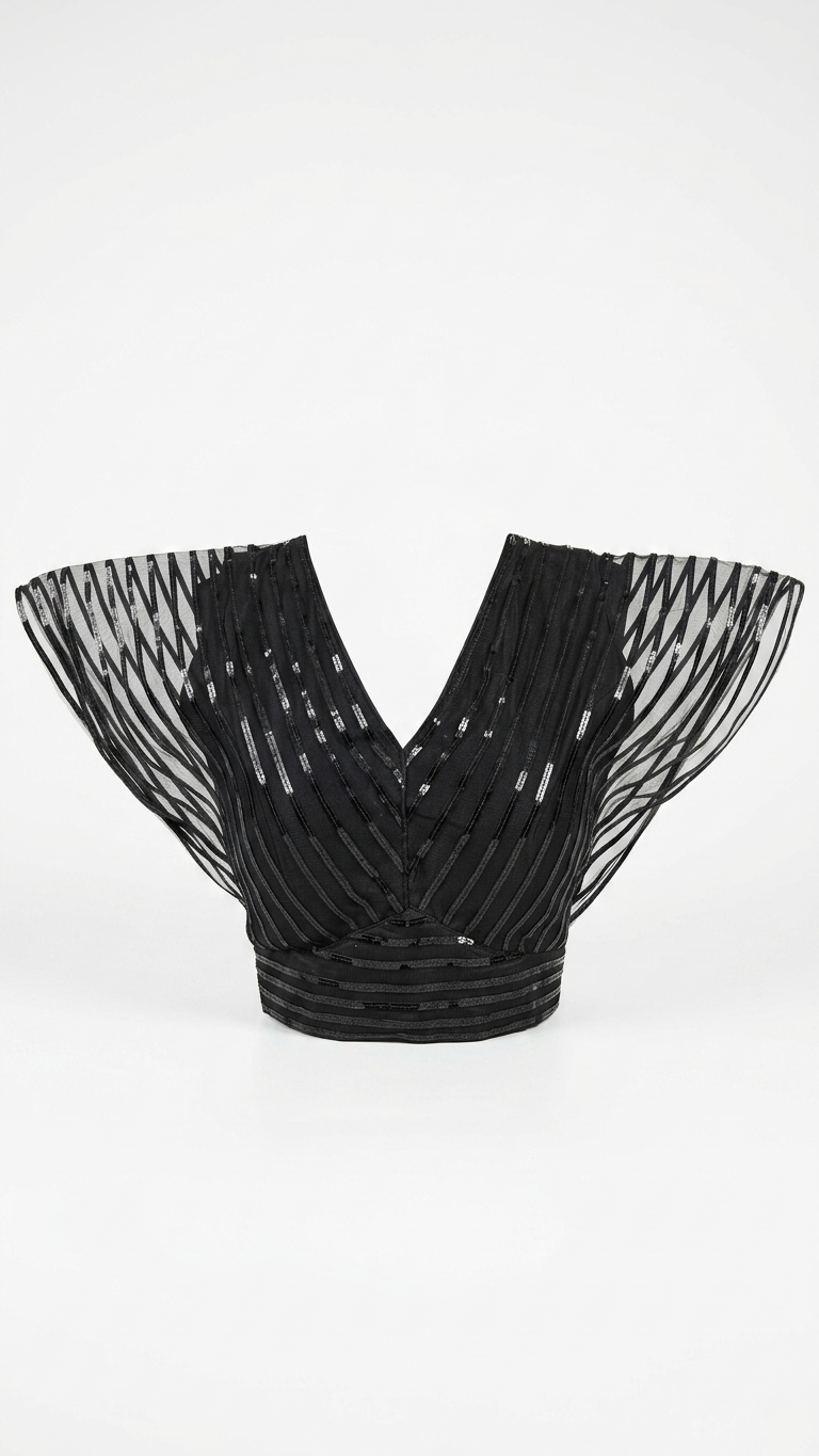 Black Sequin Net Crop Blouse with V-Neckline & Stripe Work