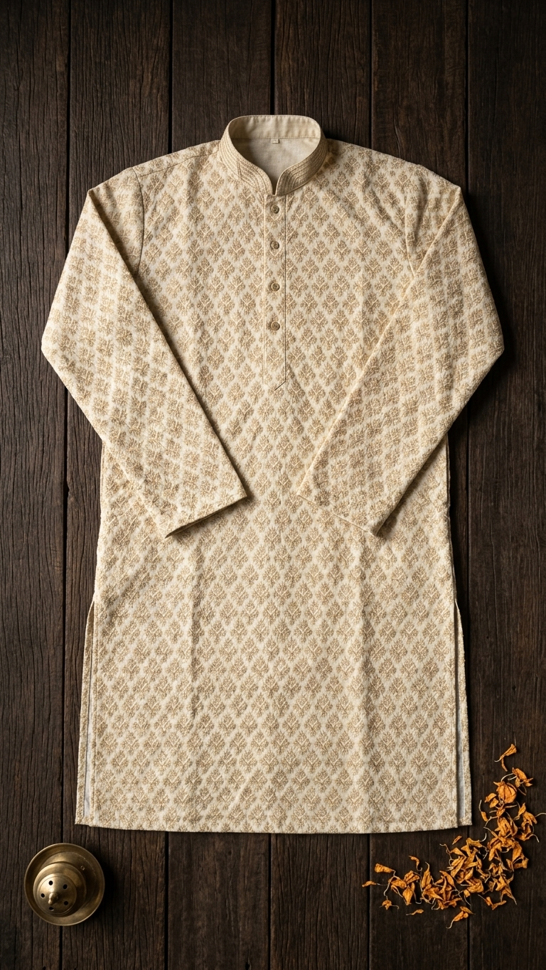 Ivory Cotton Block Print Men's Kurta with Mandarin Collar