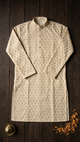 Ivory Cotton Block Print Men's Kurta with Mandarin Collar