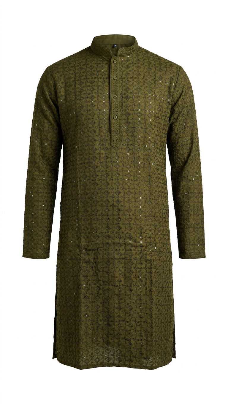 Olive Green Cotton Chikankari Men's Kurta with Sequin Work