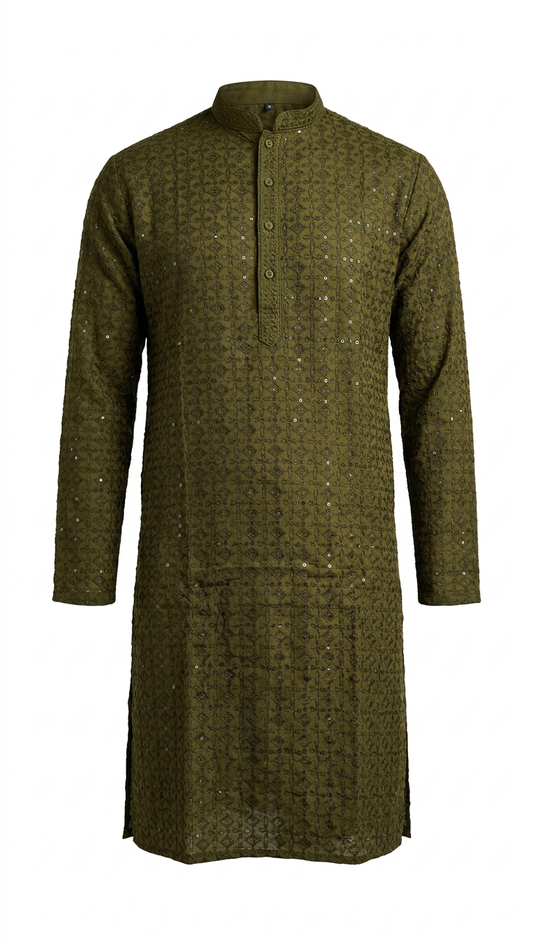 Olive Green Cotton Chikankari Men's Kurta with Sequin Work