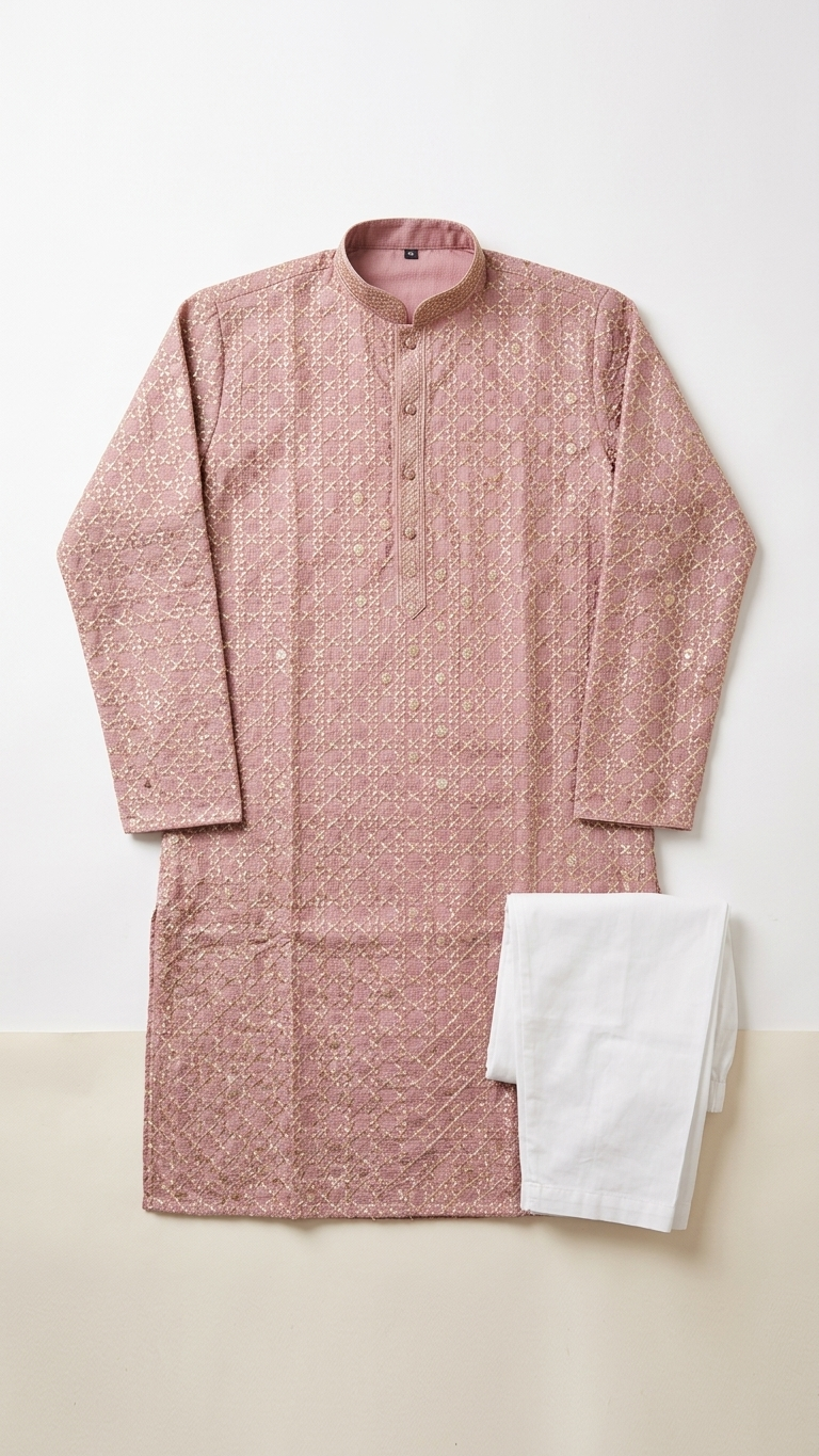 Dusty Rose Raw Silk Men's Kurta Set with Zari Embroidery