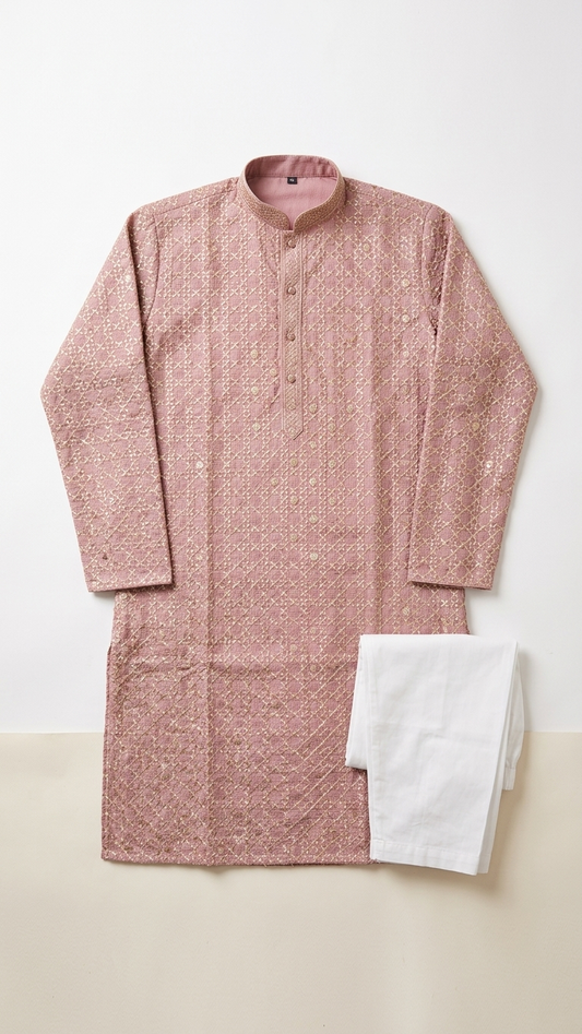 Dusty Rose Raw Silk Men's Kurta Set with Zari Embroidery