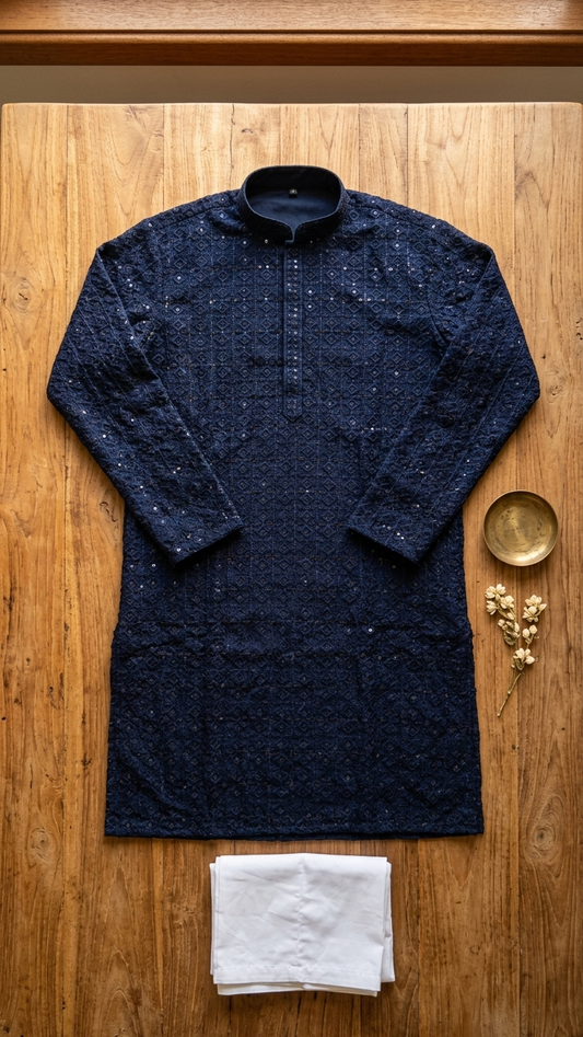 Navy Blue Chikankari Men's Kurta with Sequin Embroidery