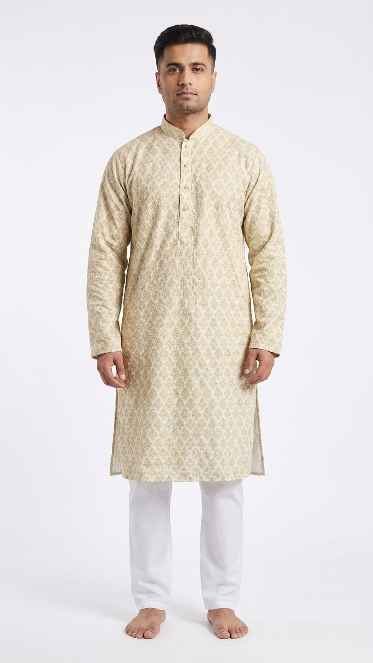 Ivory Cotton Block Print Men's Kurta with Mandarin Collar