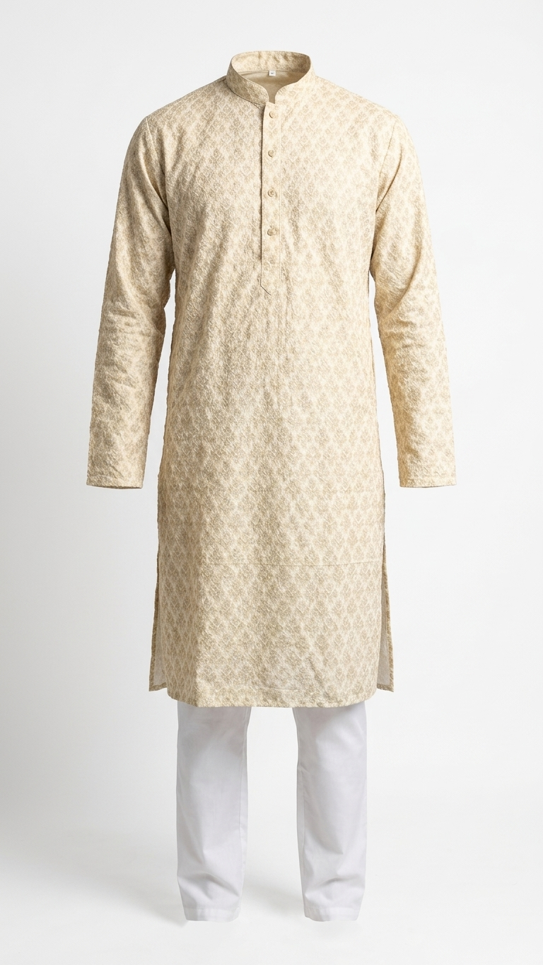 Ivory Cotton Block Print Men's Kurta with Mandarin Collar