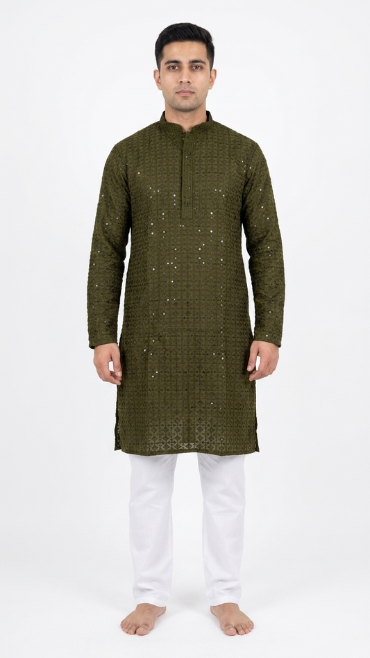 Olive Green Cotton Chikankari Men's Kurta with Sequin Work