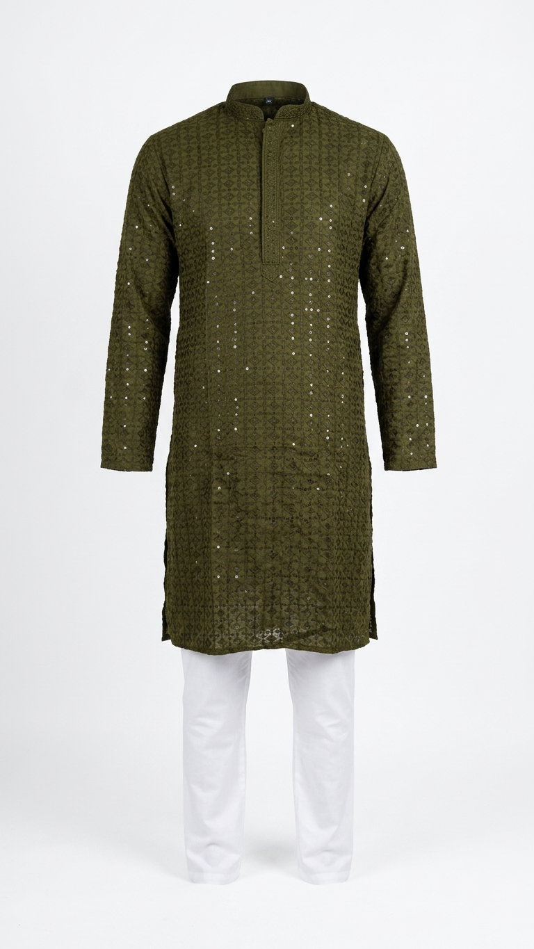 Olive Green Cotton Chikankari Men's Kurta with Sequin Work