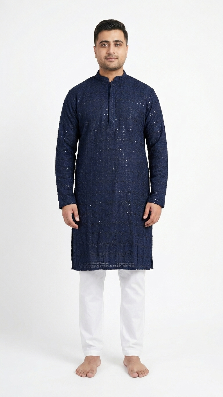 Navy Blue Chikankari Men's Kurta with Sequin Embroidery