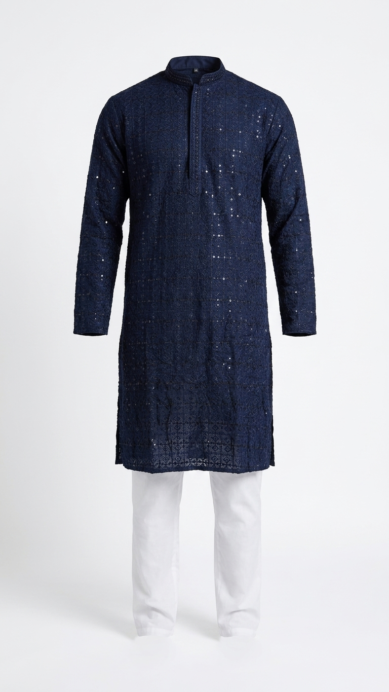 Navy Blue Chikankari Men's Kurta with Sequin Embroidery