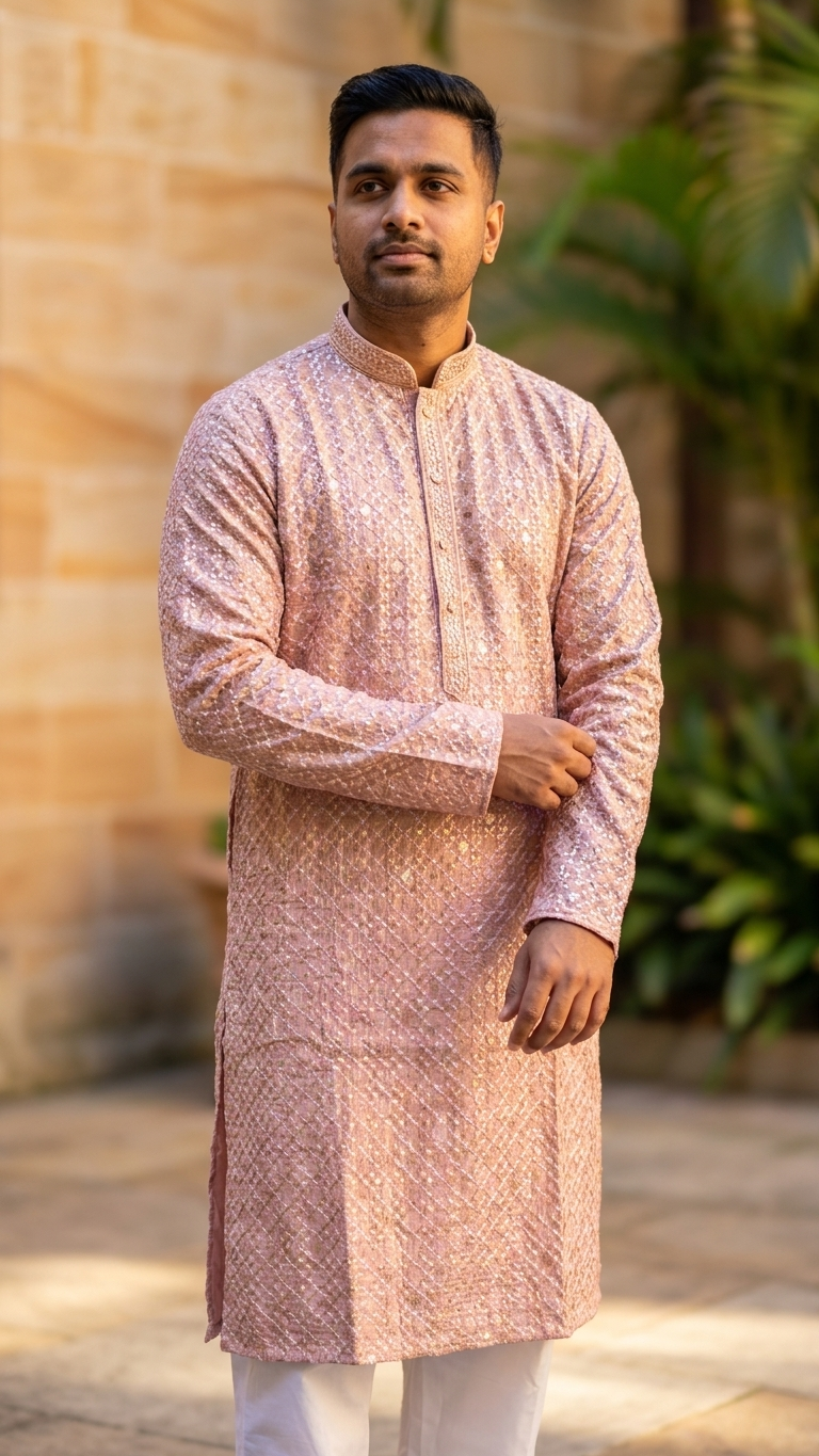Dusty Rose Raw Silk Men's Kurta Set with Zari Embroidery