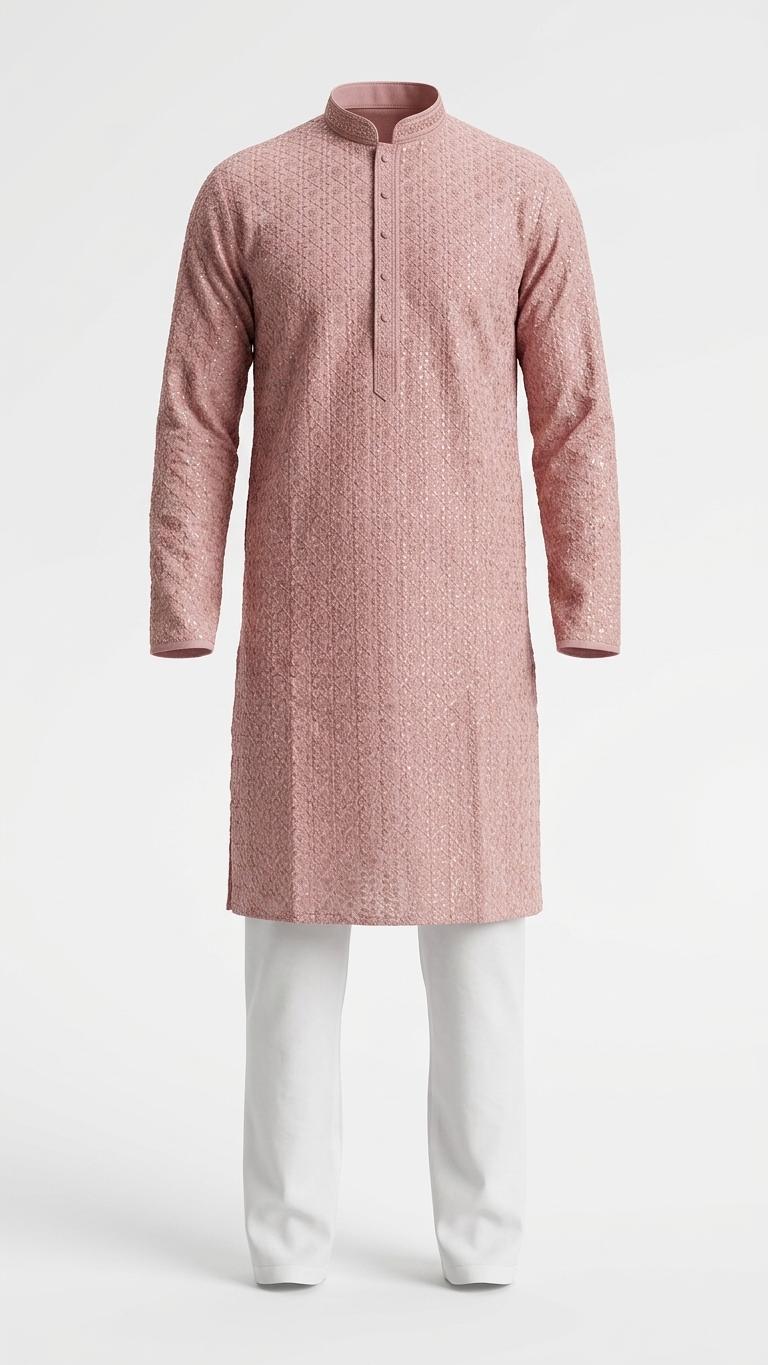 Dusty Rose Raw Silk Men's Kurta Set with Zari Embroidery