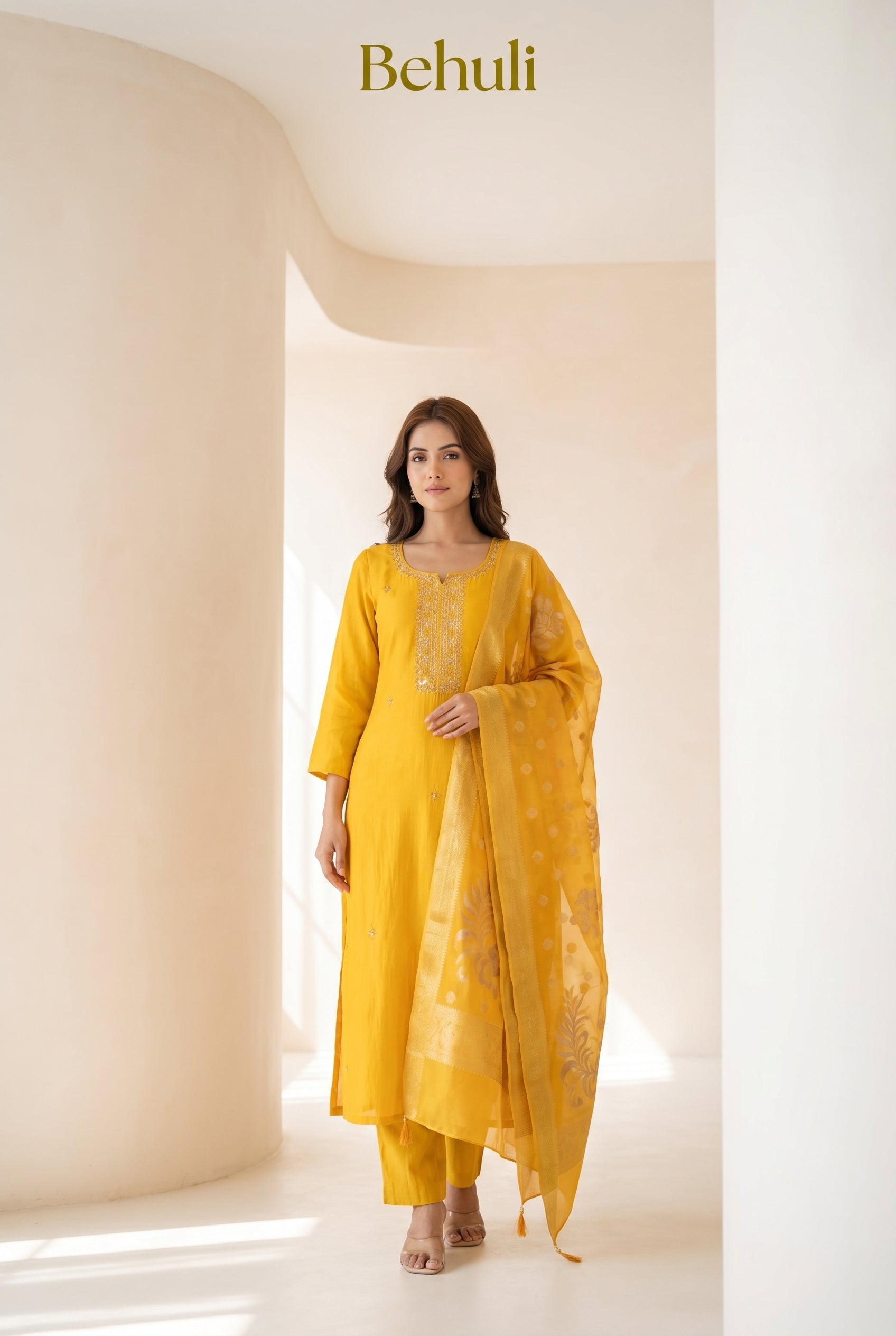 Mustard Zari Mix Silk Kurti Set