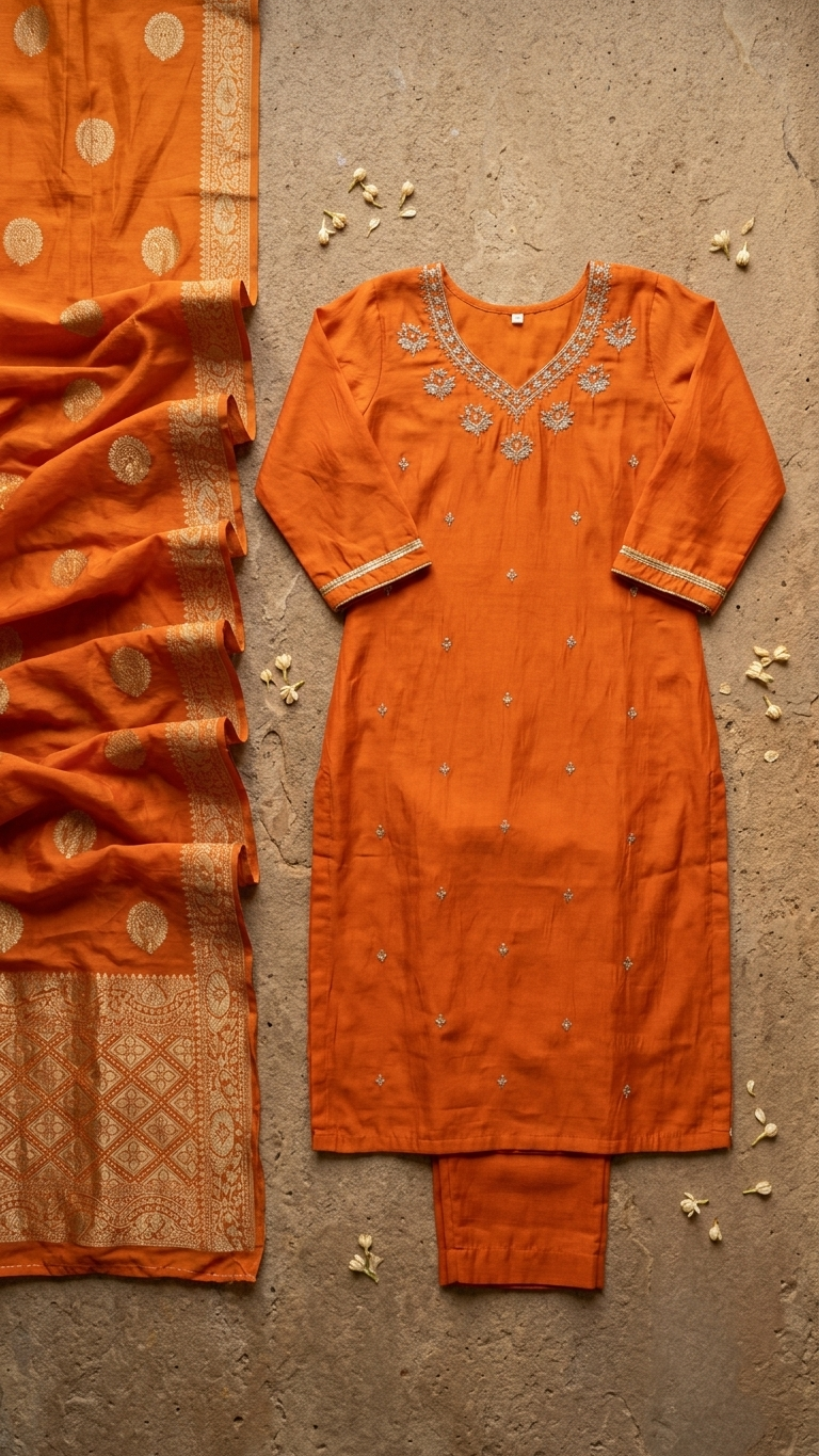 Orange Chikankari Silk Kurti Set