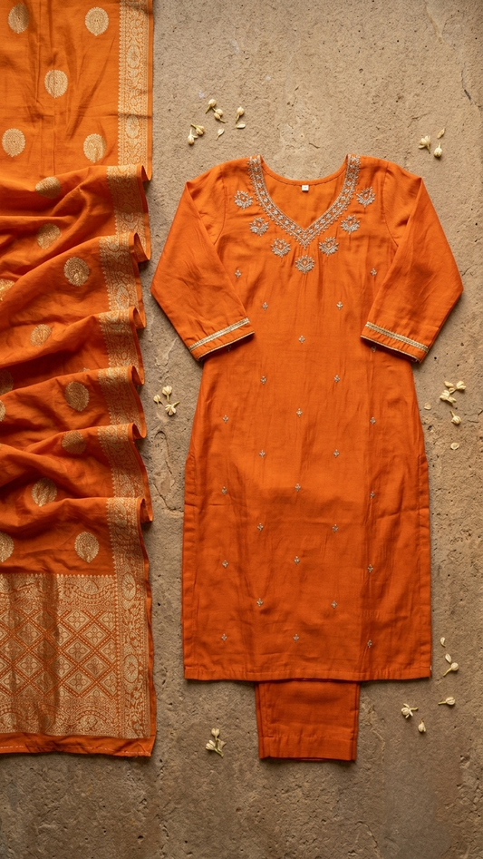 Orange Chikankari Silk Kurti Set