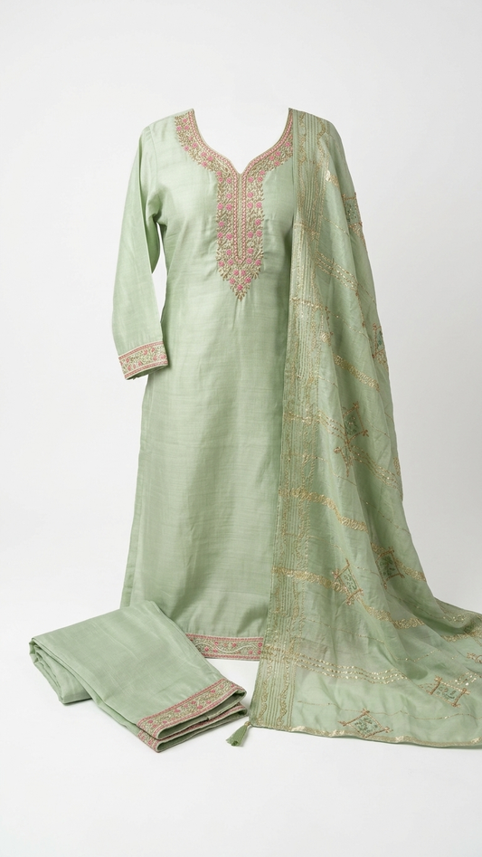 Sage Zari Cotton Kurti Set