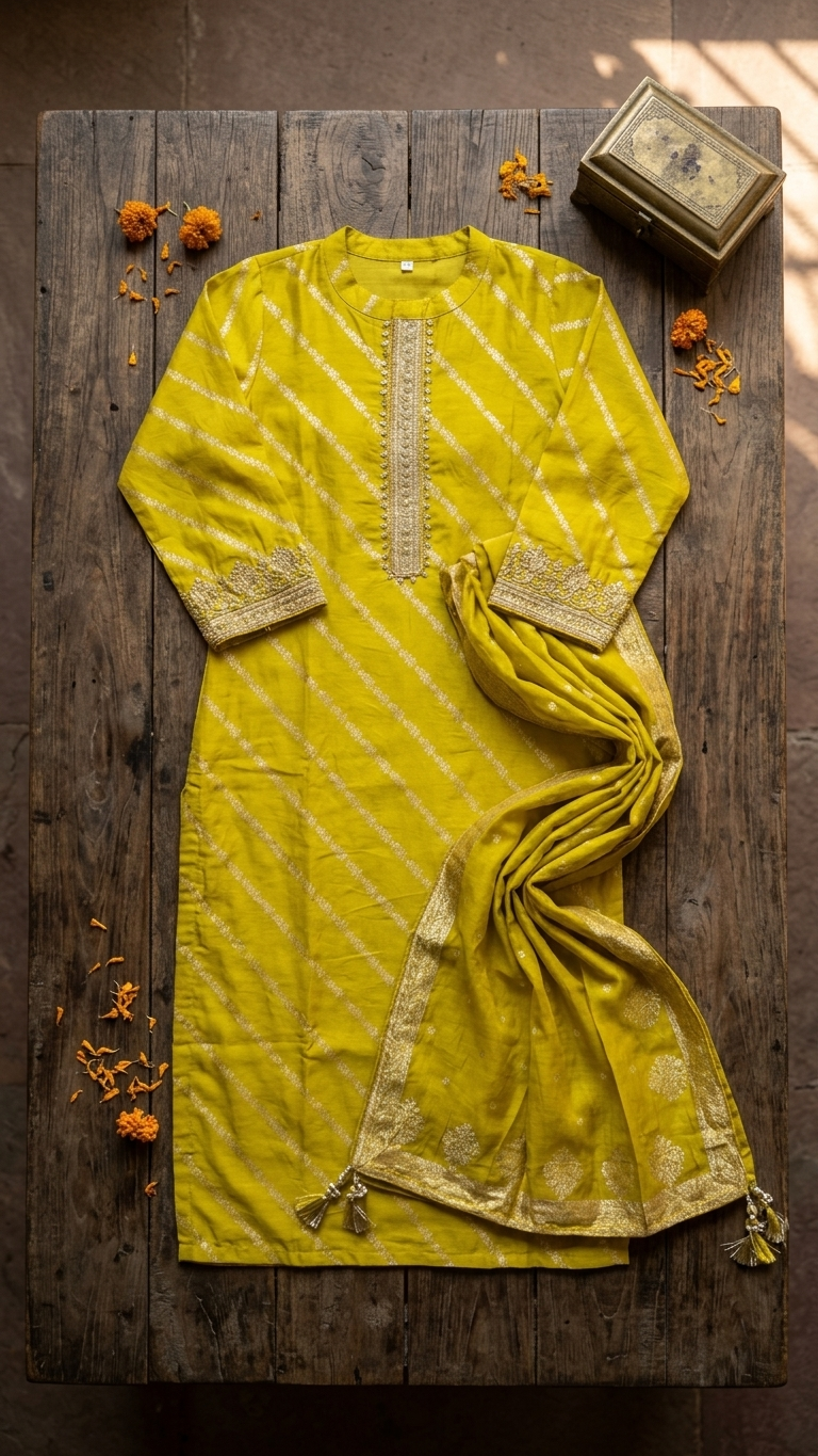 Mustard Zari Mix Silk Kurti Set