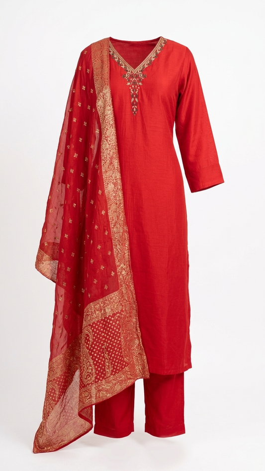 Crimson Zari Silk Kurti Set
