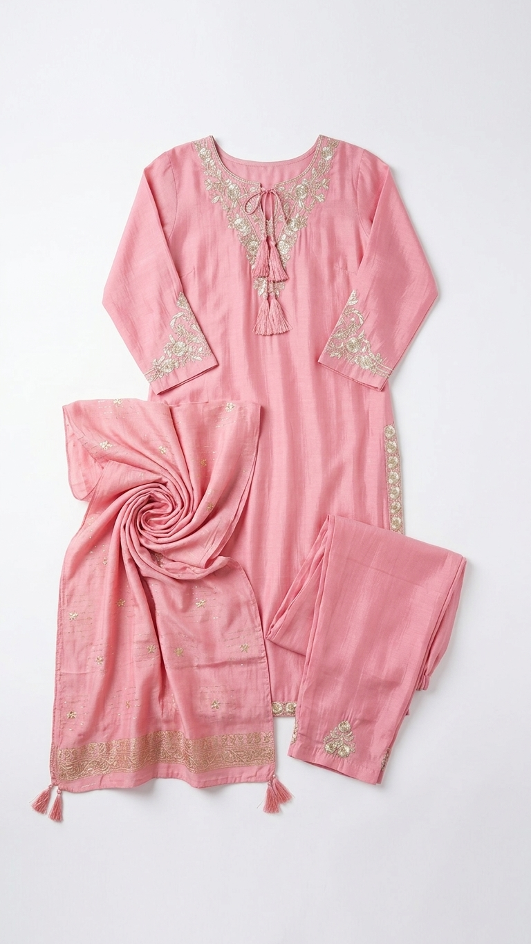 Pink Zari Silk Kurti Set