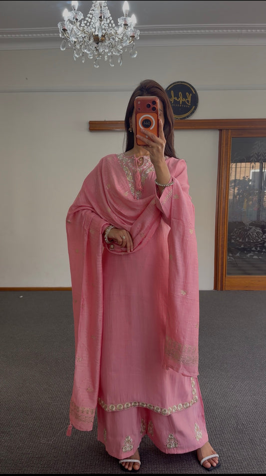 Pink Zari Silk Kurti Set