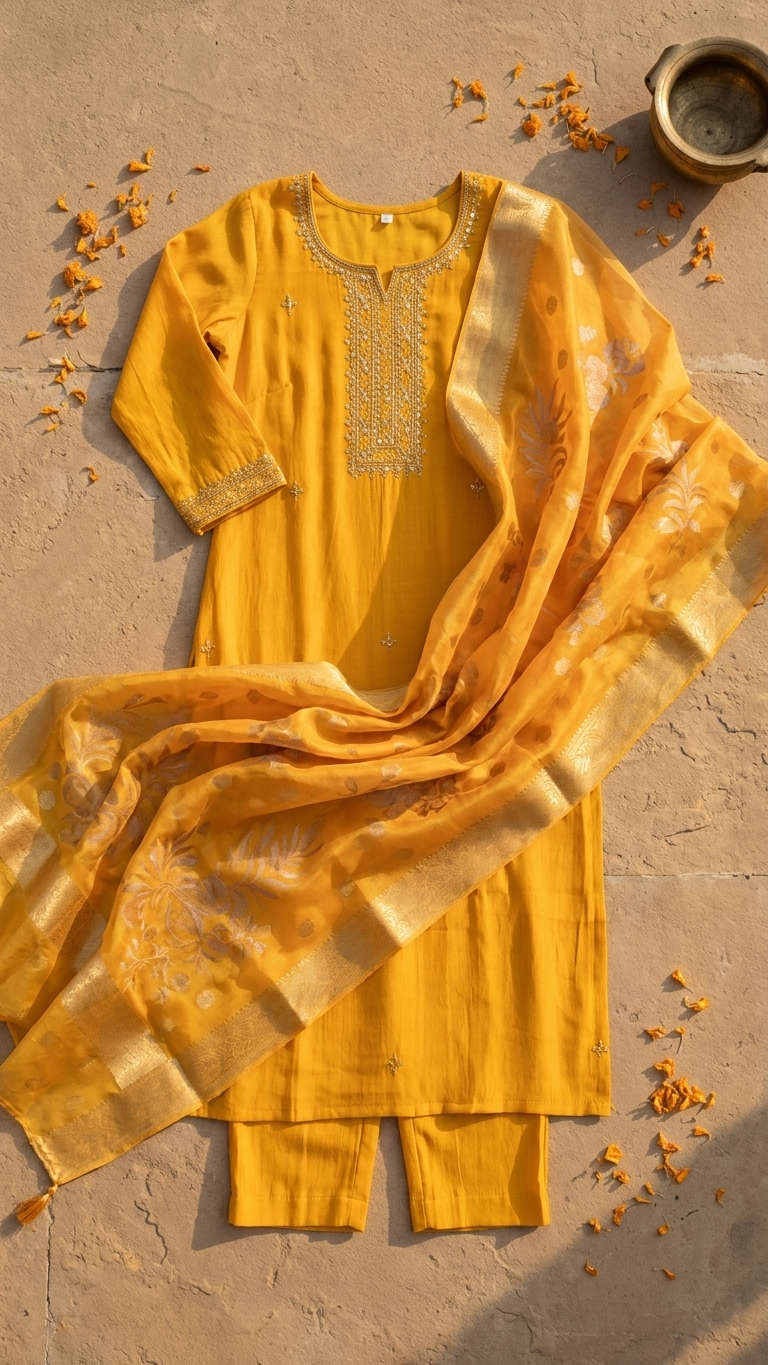Mustard Zari Mix Silk Kurti Set