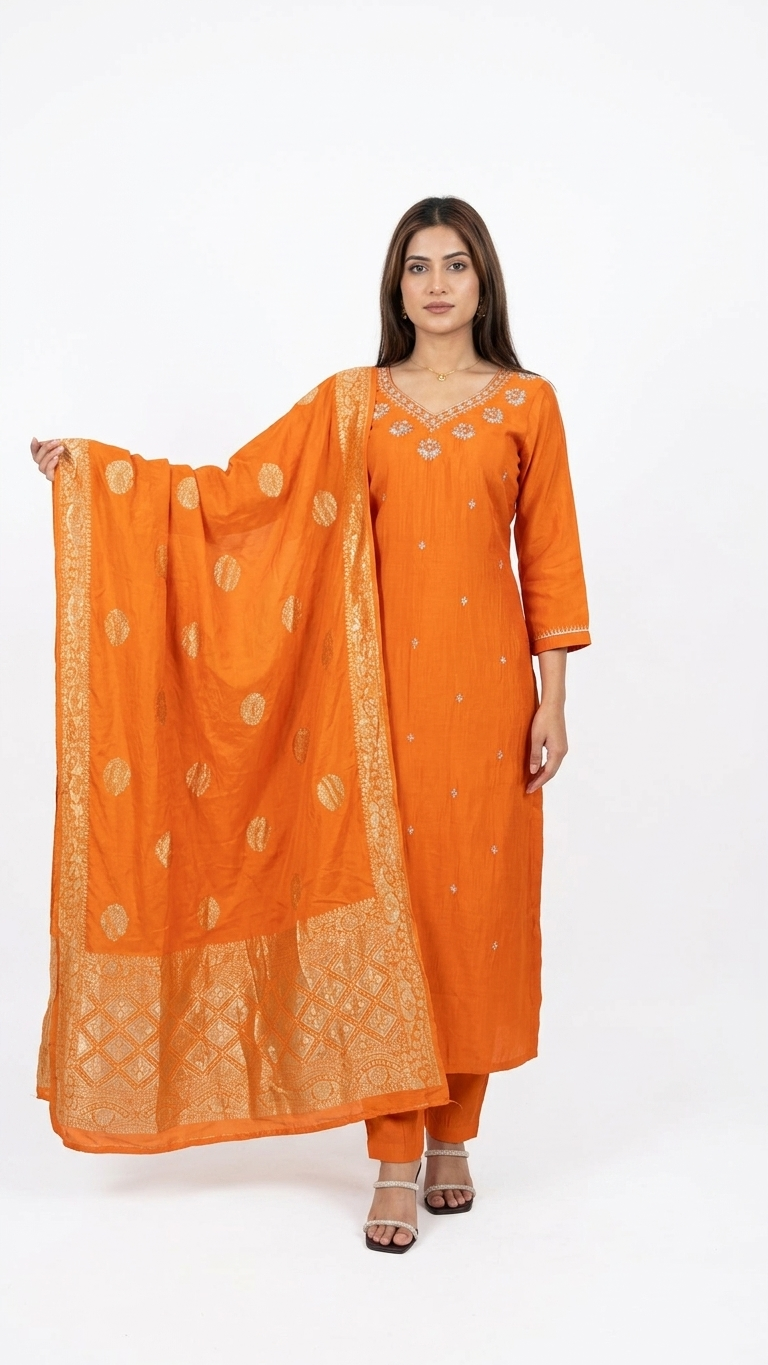 Orange Chikankari Silk Kurti Set