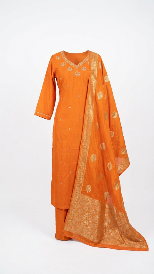 Orange Chikankari Silk Kurti Set