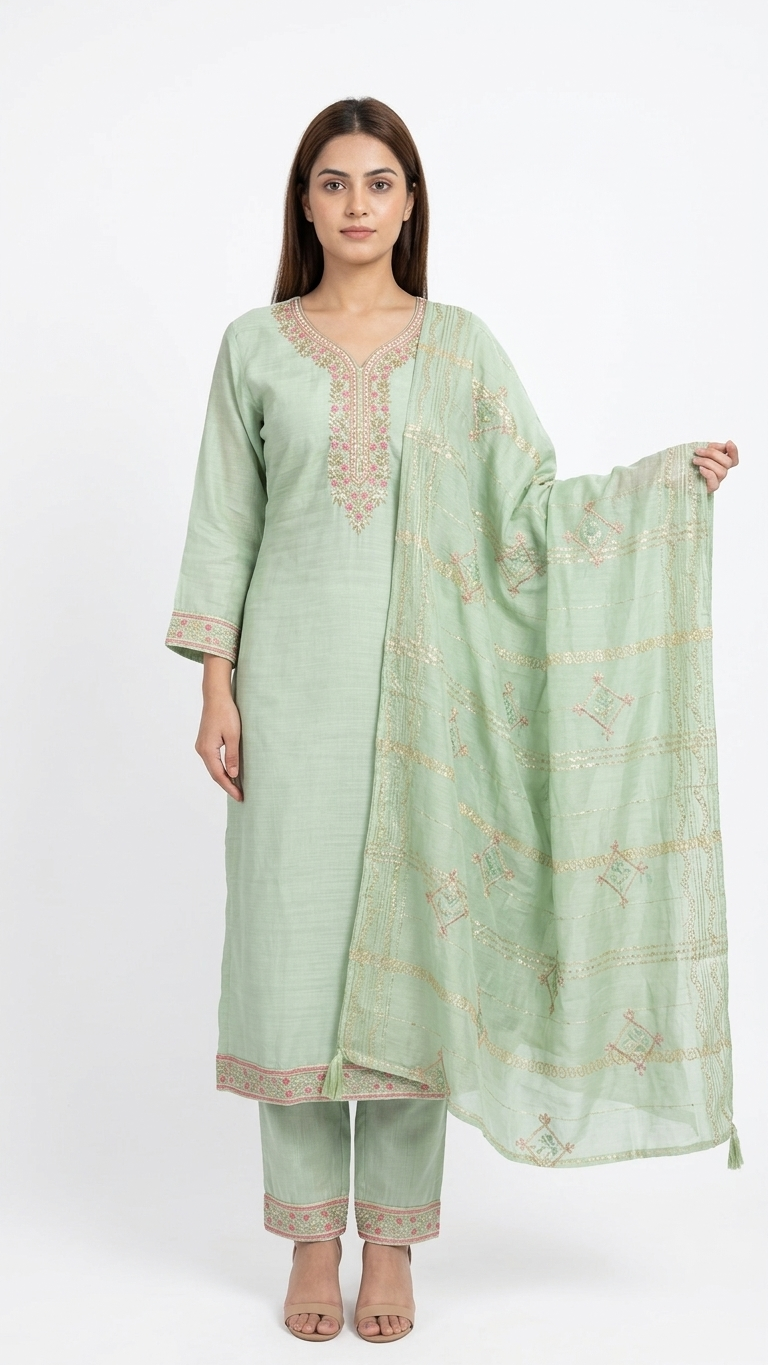 Sage Zari Cotton Kurti Set