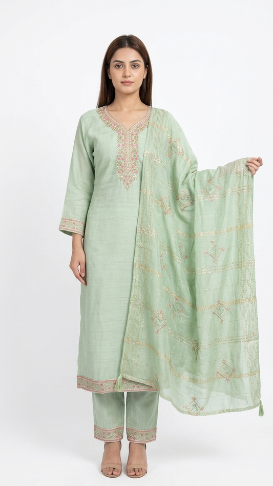 Sage Zari Cotton Kurti Set