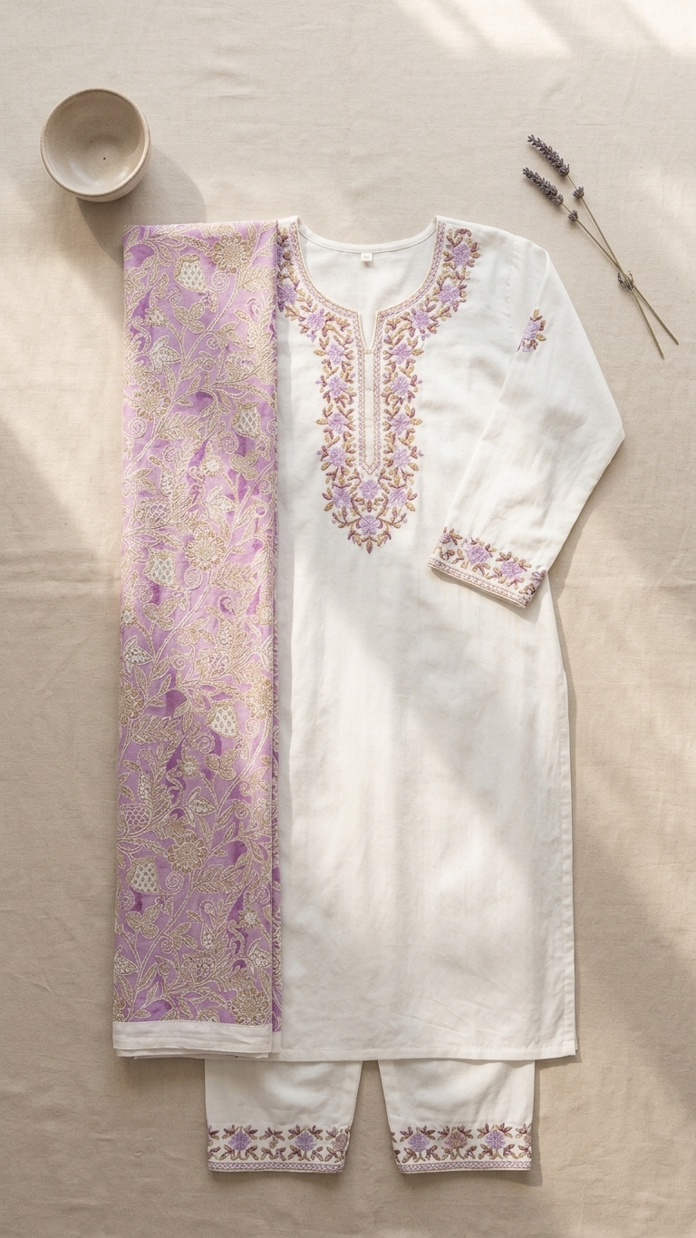 Ivory Cotton Kurti Set with Floral Zari & Resham Embroidery