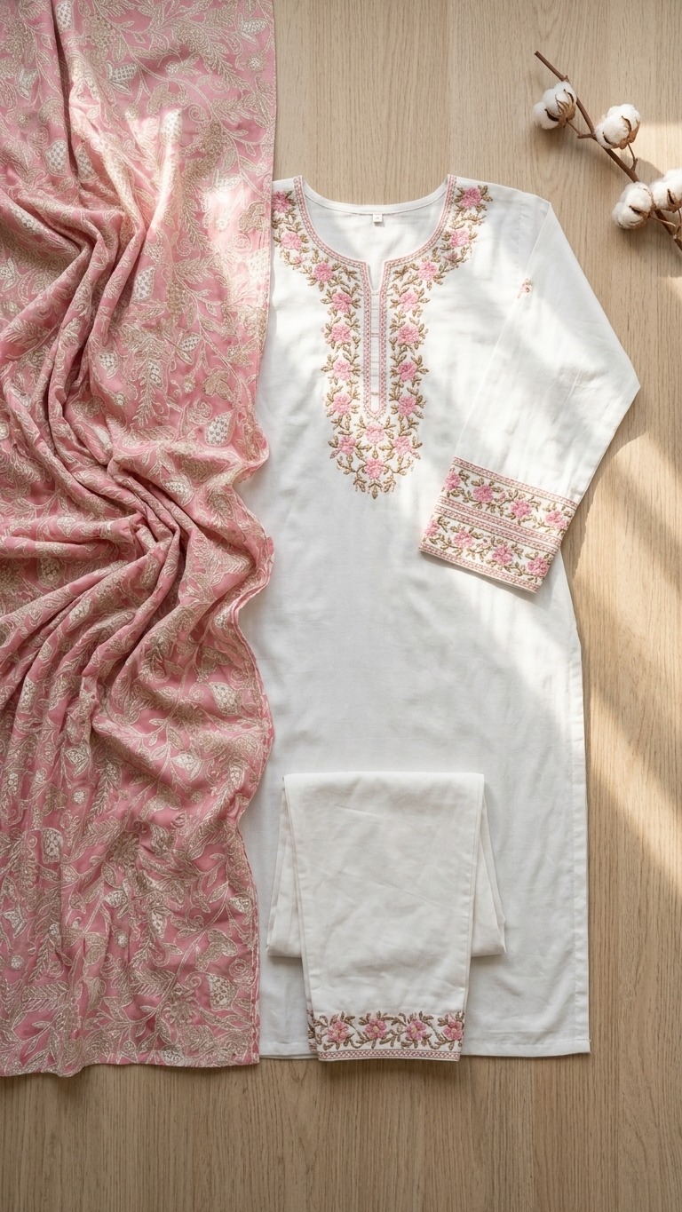 Ivory Cotton Kurti Set with Floral Zari & Resham Embroidery - Peach