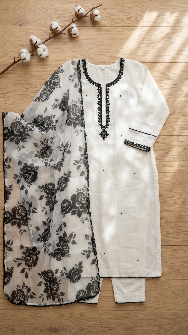 Ivory Raw Silk Kurti Set with Black Floral Chiffon Dupatta