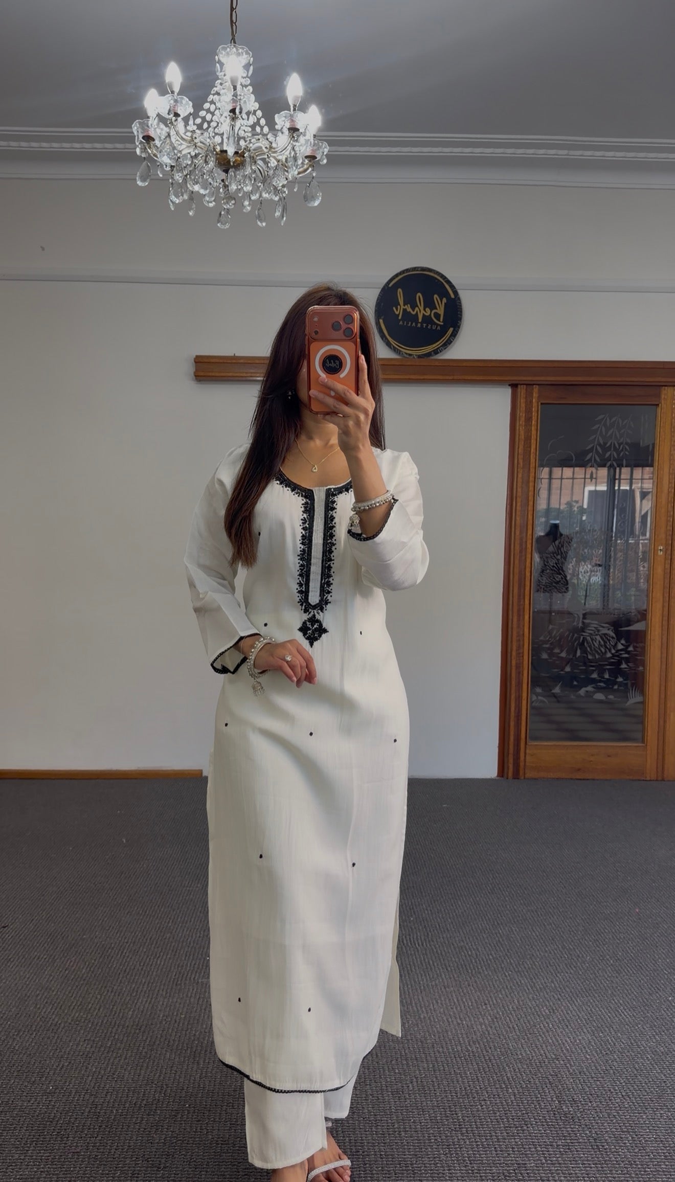 Ivory Raw Silk Kurti Set with Black Floral Chiffon Dupatta
