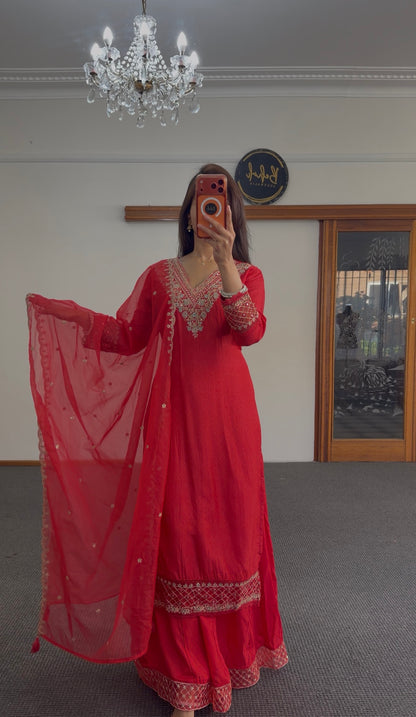 Crimson red georgette palazzo suit set with zari and sequin embroidery — Behuli Australia