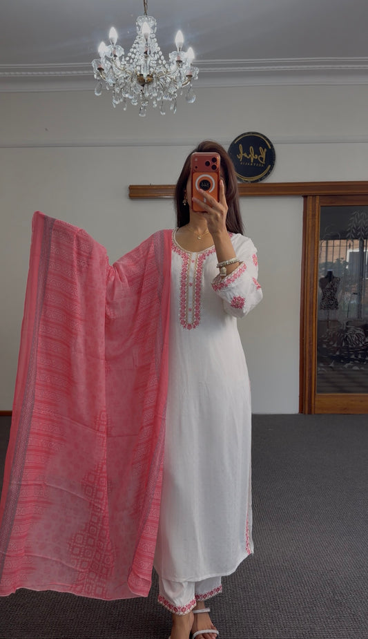 White & Pink Cotton Kurti Set with Floral Resham Embroidery